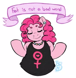 Size: 1280x1315 | Tagged: anthro, artist:collaredginger, blushing, clothes, eyes closed, fat, feminist ponies, mouthpiece, necklace, pinkie pie, positive ponies, pudgy pie, safe, shrug, smiling, solo, subversive kawaii, tanktop, tumblr