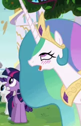 Size: 309x477 | Tagged: suggestive, derpibooru import, edit, screencap, princess celestia, alicorn, pony, unicorn, mmmystery on the friendship express, ahegao, blushing, out of context