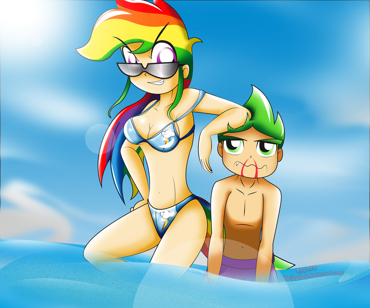 Size: 7087x5906 | Tagged: absurd resolution, armpits, artist:ryured, beach, belly button, bikini, blood, breasts, busty rainbow dash, cleavage, clothes, cloud, derpibooru import, fangs, female, human, humanized, human spike, male, nosebleed, ocean, rainbow dash, rainbowspike, shipping, sky, smiling, spike, straight, suggestive, sunglasses, swimsuit, tailed humanization, underwear