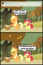 Size: 1047x1572 | Tagged: safe, artist:bronybyexception, derpibooru import, apple bloom, applejack, pony, ask honest applejack, comic, pointy ponies, silly, silly pony, that pony sure does love apples, tomato, who's a silly pony