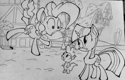 Size: 1996x1284 | Tagged: artist:pelate, derpibooru import, friendship is magic, grayscale, lineart, monochrome, pinkie pie, safe, scene interpretation, spike, traditional art, twilight sparkle, wip