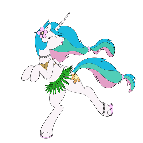 Size: 1500x1500 | Tagged: safe, artist:silver1kunai, derpibooru import, princess celestia, pony, bipedal, clothes, coconut bikini, cute, cutelestia, grass skirt, hawaiian flower in hair, hula, sandals, skirt, solo