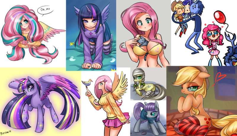 Size: 2826x1628 | Tagged: adventure time, applejack, artist:racoonsan, big breasts, breasts, busty fluttershy, clothes, collage, derpibooru import, discord, female, fluttershy, human, humanized, maud pie, pinkie pie, rainbow power, safe, socks, striped socks, twilight sparkle, twilight sparkle (alicorn)