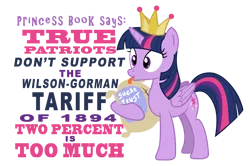 Size: 900x599 | Tagged: safe, artist:pixelkitties, derpibooru import, twilight sparkle, twilight sparkle (alicorn), alicorn, pony, :p, crown, female, food, hoof hold, jewelry, mare, mouthpiece, parody, pink text, politics, regalia, sack, silly, simple background, solo, sugar (food), sugar trust, text, tongue out, transparent background, wat, wide eyes