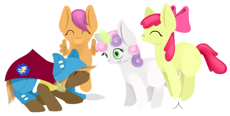 Size: 1256x636 | Tagged: apple bloom, artist:lucky-jacky, clothes, crossover, cutie mark crusaders, derpibooru import, jumping, magic, safe, scootaloo, sweetie belle, wakfu, wakfu: the animated series, yugo