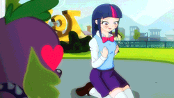Size: 640x360 | Tagged: suggestive, artist:fantasyblade, derpibooru import, spike, twilight sparkle, dog, equestria girls, animated, blushing, bowtie, breast hold, breasts, busty twilight sparkle, clothes, eyes on the prize, female, heart eyes, human coloration, humanized, male, mary janes, school uniform, schoolgirl, shipping, spike the dog, stockings, straight, thigh highs, twispike