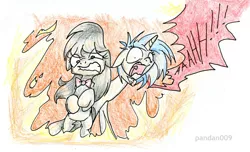 Size: 868x529 | Tagged: artist:pandan009, comic, derpibooru import, fire, my little pony in the sims, octavia melody, safe, scene parody, the ponies, the sims, traditional art, vinyl scratch, wub