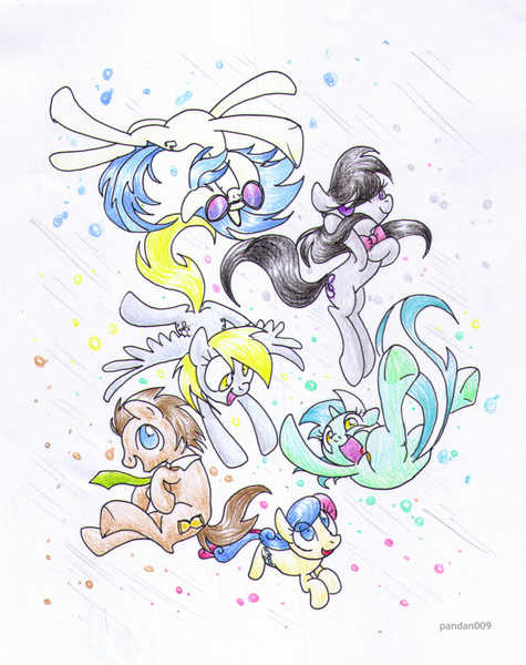 Size: 893x1129 | Tagged: safe, artist:pandan009, derpibooru import, bon bon, derpy hooves, doctor whooves, lyra heartstrings, octavia melody, vinyl scratch, pegasus, pony, background six, female, floating, mare, traditional art, upside down