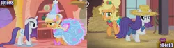 Size: 1280x360 | Tagged: safe, derpibooru import, edit, edited screencap, screencap, applejack, rarity, earth pony, pony, unicorn, look before you sleep, simple ways, applejewel, clothes, dress, female, froufrou glittery lacy outfit, hennin, mare, question, rarihick, text, wet, wet mane, wet mane rarity