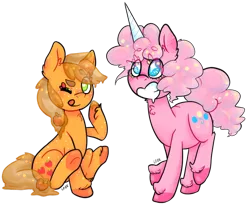 Size: 800x655 | Tagged: applejack, artist:soullessteddybear, caramel flavouring, cotton candy, food, original species, pinkie pie, safe, thick eyebrows, unshorn fetlocks