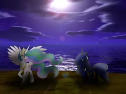 Size: 1024x768 | Tagged: artist:90sigma, artist:kanadrawsarts, artist:pinkiemina, beach, derpibooru import, lens flare, night, photo, ponies in real life, princess celestia, princess luna, reflection, safe, shadow, vector