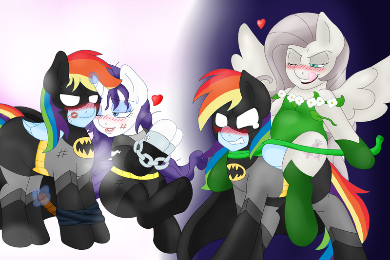 Size: 3000x2003 | Tagged: suggestive, artist:blackbewhite2k7, derpibooru import, fluttershy, rainbow dash, rarity, batman, catwoman, dc comics, female, flutterbitch, flutterdash, lesbian, lipstick, poison ivy, raridash, shipping, textless