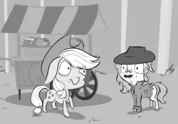 Size: 685x480 | Tagged: apple, applejack, artist:krucification, ask, clothes, derpibooru import, duo, flutterbat, fluttershy, grayscale, master of disguise, monochrome, safe, suspicious, tumblr