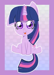 Size: 432x593 | Tagged: safe, artist:noah-nyan, artist:puffyrin, derpibooru import, twilight sparkle, pony, unicorn, :p, abstract background, big eyes, cute, filly, floppy ears, image, looking at you, old art, one ear down, png, siting, sitting, smiling, solo, tongue out, unicorn twilight