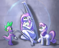 Size: 1800x1466 | Tagged: suggestive, artist:thatkirinartist, derpibooru import, spike, sweetie belle, oc, oc:seraphi, anthro, dracony, dragon, hybrid, anthro dragon, breasts, covering, female, floppy ears, interspecies offspring, male, nudity, offspring, parent:spike, parent:sweetie belle, parents:spikebelle, raised hoof, sad, shipping, sitting, smiling, sparkles, spikebelle, story included, straight