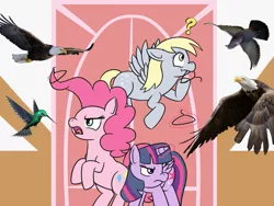 Size: 1123x846 | Tagged: safe, artist:meepymaybelle, derpibooru import, derpy hooves, pinkie pie, twilight sparkle, twilight sparkle (alicorn), alicorn, bald eagle, bird, eagle, hummingbird, pigeon, pony, birdemic, clothes hanger, crossover, female, mare, question mark