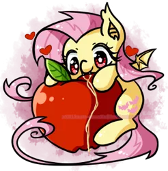 Size: 341x347 | Tagged: apple, artist:kikaru-studios, cute, derpibooru import, fangs, flutterbat, fluttershy, heart, nom, safe, shyabates, shyabetes, simple background, smiling, solo, species swap, that pony sure does love apples, transparent background