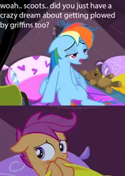 Size: 500x702 | Tagged: suggestive, derpibooru import, edit, edited screencap, screencap, rainbow dash, scootaloo, pegasus, pony, sleepless in ponyville, bed mane, caption, comic, female, filly, implied sex, innuendo, mare, messy mane, pillow