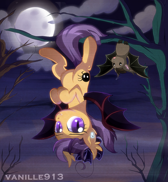 Size: 1280x1387 | Tagged: dead source, safe, artist:spookyle, derpibooru import, oc, oc:spookie, unofficial characters only, bat, bat pony, pony, cloud, cloudy, fangs, hanging, looking at you, moon, night, sky, smiling, solo, spread wings, tree, upside down