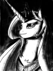 Size: 3182x4248 | Tagged: artist:qwixthetrappedone, derpibooru import, monochrome, portrait, princess celestia, safe, solo, traditional art