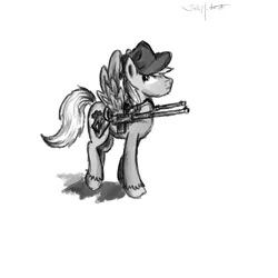 Size: 1000x1000 | Tagged: safe, artist:masterjosh140, derpibooru import, oc, oc:calamity, unofficial characters only, pegasus, pony, fallout equestria, fanfic, battle saddle, black and white, fanfic art, grayscale, gun, hat, male, monochrome, rifle, simple background, solo, stallion, weapon, white background, wings