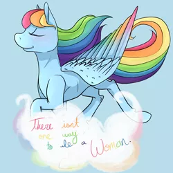 Size: 3300x3300 | Tagged: artist:dozymouse, cloud, derpibooru import, eyes closed, feminism, feminist ponies, flying, mouthpiece, positive message, positive ponies, rainbow dash, safe, smiling, solo, spread wings, subversive kawaii