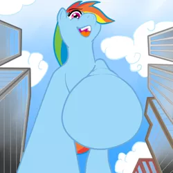 Size: 700x700 | Tagged: safe, artist:khorme, derpibooru import, rainbow dash, pony, building, female, giant pony, giantess, low angle, macro, mare, open mouth, pov, solo, underhoof, wingless