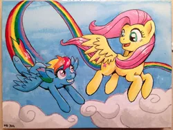 Size: 1000x750 | Tagged: safe, artist:muffinshire, derpibooru import, fluttershy, rainbow dash, cloud, cloudy, eye contact, flying, rainbow trail, smiling, traditional art, trail