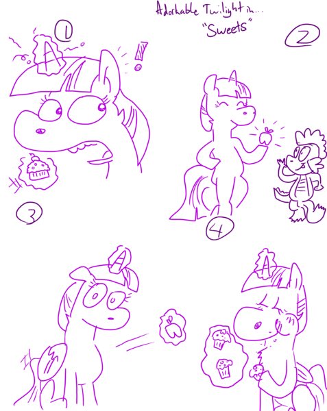 Size: 4779x6013 | Tagged: artist needed, safe, derpibooru import, spike, twilight sparkle, twilight sparkle (alicorn), alicorn, pony, :t, absurd resolution, adorkable, comic, cupcake, cute, dork, eating, eyes closed, female, floppy ears, humor, looking at you, magic, mare, muffin, puffy cheeks, sitting, smiling, sweets, telekinesis