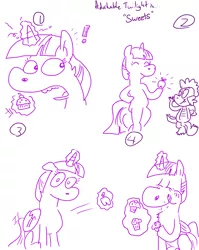 Size: 4779x6013 | Tagged: artist needed, safe, derpibooru import, spike, twilight sparkle, twilight sparkle (alicorn), alicorn, pony, :t, absurd resolution, adorkable, comic, cupcake, cute, dork, eating, eyes closed, female, floppy ears, humor, looking at you, magic, mare, muffin, puffy cheeks, sitting, smiling, sweets, telekinesis