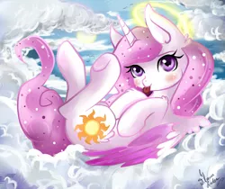 Size: 2671x2245 | Tagged: safe, artist:wilvarin-liadon, derpibooru import, princess celestia, :p, blushing, cewestia, cloud, cloudy, cute, filly, halo, on back, solo, tongue out, underhoof, younger