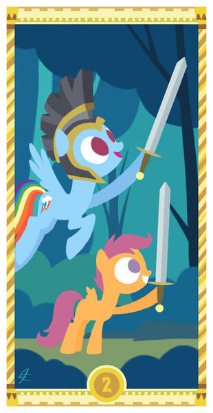 Size: 400x775 | Tagged: artist:janeesper, helmet, rainbow dash, safe, scootaloo, sword, tarot card, two of spades, two of swords