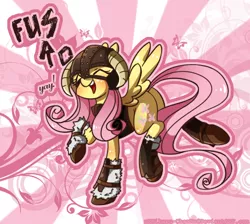 Size: 514x461 | Tagged: safe, artist:kikaru-studios, derpibooru import, fluttershy, pegasus, pony, blushing, boots, cute, dovahshy, eyes closed, female, fus-ro-dah, helmet, mare, raised leg, shoes, shyabetes, skyrim, solo, spread wings, the elder scrolls, wings, yay