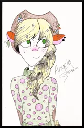 Size: 2152x3272 | Tagged: alternate hairstyle, applejack, artist:grocerystorephobic, derpibooru import, eared humanization, human, humanized, safe, solo, traditional art