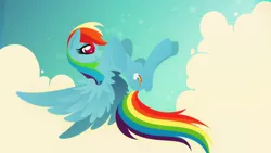 Size: 1920x1080 | Tagged: safe, artist:rariedash, derpibooru import, rainbow dash, pegasus, pony, cloud, cloudy, cutie mark, female, flying, hooves, lineless, mare, sky, smiling, solo, spread wings, wings