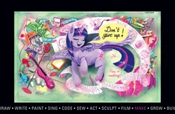 Size: 3292x2130 | Tagged: safe, artist:cigitia, derpibooru import, fluttershy, rainbow dash, twilight sparkle, twilight sparkle (alicorn), alicorn, pony, cake, clothes, craft, creativity, custom, dress, female, gala dress, golden ratio, keyboard, makeup, mare, microphone, motivational, musical instrument, scroll, solo, speech bubble