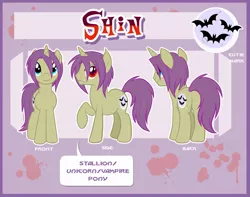 Size: 1008x793 | Tagged: safe, artist:centchi, derpibooru import, oc, oc:shin, unofficial characters only, pony, unicorn, vampony, reference sheet, solo