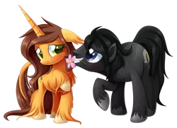 Size: 1049x761 | Tagged: safe, artist:centchi, derpibooru import, oc, oc:autumn oak, oc:thunder hooves, unofficial characters only, earth pony, pony, unicorn, flower, shipping, simple background, transparent background, unshorn fetlocks