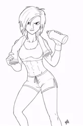 Size: 631x960 | Tagged: abs, artist:mono-phos, athlete, belly button, black and white, clothes, derpibooru import, grayscale, human, humanized, midriff, monochrome, muscles, rainbow dash, runner, safe, smirk, solo, sports bra, sports shorts, towel, water bottle, workout, wristband