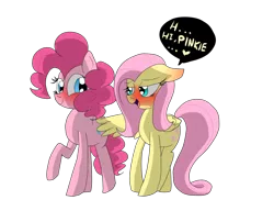 Size: 1024x788 | Tagged: artist:misspolycysticovary, bedroom eyes, blushing, butt touch, derpibooru import, eye contact, feathermarking, female, floppy ears, flutterpie, fluttershy, lesbian, never doubt tchernobog's involvement, open mouth, pinkie pie, raised hoof, safe, shipping, smiling