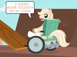 Size: 640x480 | Tagged: safe, artist:aha-mccoy, derpibooru import, oc, oc:jay aaron mclovin, unofficial characters only, earth pony, pony, nopony-ask-mclovin, bandage, cast, male, rocket, solo, speech bubble, stallion, wheelchair