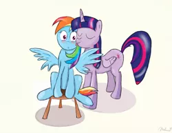 Size: 1081x836 | Tagged: safe, artist:milanoss, derpibooru import, rainbow dash, twilight sparkle, twilight sparkle (alicorn), alicorn, pony, cute, female, lesbian, licking, mare, shipping, stool, twidash