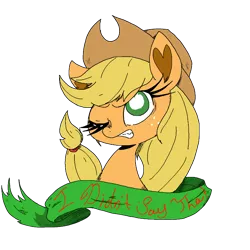 Size: 900x900 | Tagged: angry, applejack, artist:unoriginalcharacterpleasesteal, mouthpiece, old banner, parody, safe, solo, subversive kawaii, wink