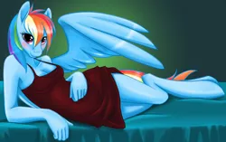 Size: 2336x1466 | Tagged: anthro, artist:kimai, breasts, clothes, draw me like one of your french girls, dress, female, rainbow dash, solo, solo female, suggestive