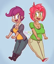 Size: 1159x1370 | Tagged: artist:hamflo, babscoot, babs seed, butt bump, butt to butt, butt touch, chubby, human, humanized, older, safe, scootababs, scootaloo