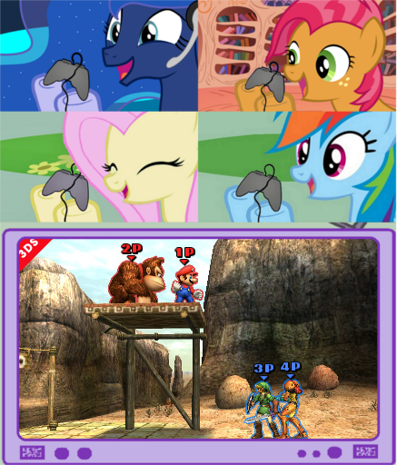 Size: 437x512 | Tagged: 3ds, babs seed, derpibooru import, donkey kong, donkey kong country, exploitable meme, fluttershy, gamer babs, gamer dash, gamer luna, gamershy, link, mario, meme, metroid, nintendo, obligatory pony, princess luna, rainbow dash, safe, samus aran, super mario bros., super smash bros., super smash bros. 4, team battle, the legend of zelda, tv meme