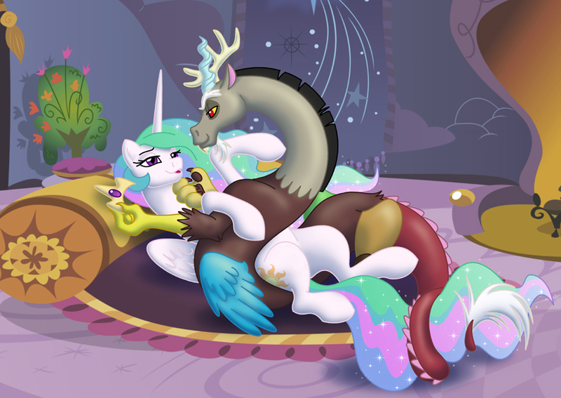 Size: 867x614 | Tagged: suggestive, artist:merrypaws, artist:tamalesyatole, derpibooru import, discord, princess celestia, bedroom eyes, dislestia, female, male, shipping, straight