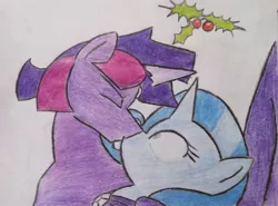 Size: 1024x758 | Tagged: artist:henshidoku, derpibooru import, dusk shine, female, half r63 shipping, holly, holly mistaken for mistletoe, kissing, male, rule 63, safe, shipping, straight, surprise kiss, traditional art, trixie, trixshine, twilight sparkle, twixie