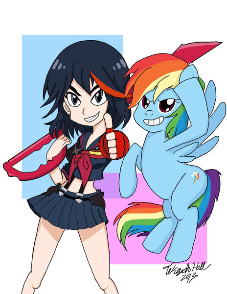 Size: 786x1017 | Tagged: artist:tekehall, crossover, derpibooru import, erica mendez, human, kill la kill, rainbow dash, ryuko matoi, safe, senketsu, voice actor joke