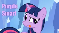 Size: 640x360 | Tagged: safe, derpibooru import, screencap, twilight sparkle, pony, unicorn, :p, caption, cute, female, frown, looking at you, mare, purple smart, purple text, raised eyebrow, solo, tongue out